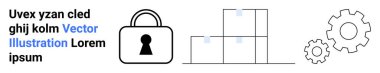 Padlock for security, stacked boxes for storage, gears for productivity. Ideal for business processes, security, organization, logistics, efficiency technology and data protection. Landing page clipart