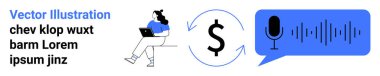 Dizüstü bilgisayarda çalışan bir kadın, oklarda dolar sembolü ve ses dalgalı bir mikrofon. Uzaktan çalışma, finansal hizmetler, ses iletişimi, serbest çalışma, dijital pazarlama, çevrimiçi işlemler için ideal