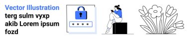 Asma kilit ve şifresi olan güvenli bir giriş blokta okuyan bir kadın ve çiçek tasarımı. Teknoloji, güvenlik, kişisel bakım, yalnızlık, dijital sanat, doğa temaları ve web tasarım kavramları için ideal