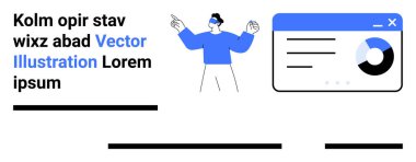 Bir konuşma balonu, mavi ve siyah çubuk grafikleri ve analitik grafik arayüzü ile veri sunan bir işadamı. İş için ideal, veri analizi, ürün sunumu, kurumsal eğitim, pazarlama
