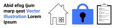 Metin başlığı, ev simgesi, mavi kilit ve pano kontrol listesi. Gayrimenkul, ev güvenliği, akıllı ev teknolojisi, güvenlik tedbirleri, aile koruma planları, mülk yönetimi için ideal