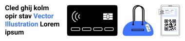Temassız ödeme kartı, üzerinde etiket olan mavi bir çanta ve içinde QR kodu olan bir kimlik kartı. Alışveriş, güvenlik, teknoloji, finans, kimlik, perakende modern yaşam tarzı için ideal. İniş sayfası