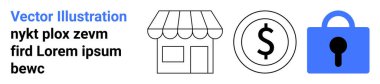 Dükkan önü ticareti temsil ediyor, dolar işareti finansal işlemleri gösteriyor ve mavi kilit güvenliği simgeliyor. İş, finans, güvenlik, perakende, e-ticaret, çevrimiçi için ideal