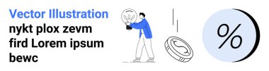 Mavi ceketli kişi tarafından tutulan ampul dolar işareti ve yüzde işareti olan bozuk para. İş stratejisi, finans, yenilik, tasarruf, pazarlama, ekonomi ve yatırımlar için ideal. İniş sayfası