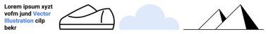 Basit çizgili ayakkabı ikonu, yumuşak mavi bulut, siyah beyaz dağ hatları ve örnek metin. Markalaşma, tasarım, minimalizm, vektör grafikleri, açık hava temaları, basitlik, reklamcılık için ideal