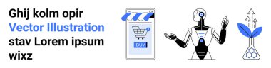 Alış veriş uygulaması ve satın alma düğmesi olan akıllı telefon, el hareketleriyle hareket eden insansı robot, filizlenen yapraklar ve oklar. Teknoloji, yapay zeka, çevrimiçi alışveriş, sürdürülebilir büyüme ve yenilik için ideal