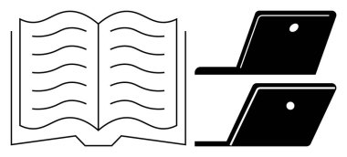 Yan görüntüde iki dizüstü bilgisayarın yanında kitabı aç. Eğitim, e-öğrenme, bilgi transferi, dijital dönüşüm, eğitim teknolojisi, çevrimiçi öğrenme ve okuma alışkanlıkları için idealdir. Basit soyut