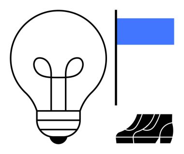 Mavi bayrağın yanında ampul ve üç basamak. Yaratıcılık, başarı, yenilik, hırs, ilerleme, liderlik ve strateji için idealdir. Kalın renkler ve geometrik şekiller soyut çizgi oluşturur