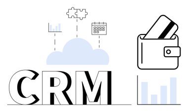 Bulut sunucu, cüzdan, bar grafikleri, takvim ve entegrasyon ve yönetimi tasvir eden bulmaca parçalarıyla CRM. Veri analizi, mali takip, zamanlama ve işbirlikçi çözümler için ideal