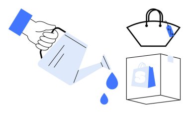 Sulama kutusundan su dökme, mavi damlalar, fiyat etiketli alışveriş torbası, e-ticaret logolu nakliye kutusu. E-ticaret, büyüme, alışveriş, perakende satış, çevrimiçi ticaret için ideal