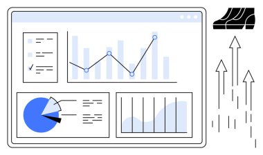 Çizgi çizelgesi, pasta grafiği ve finansal veri artışını gösteren bar grafiği olan iş analizi paneli. Finans, ekonomi, iş stratejisi, veri analizi, performans ölçümleri, piyasa için ideal