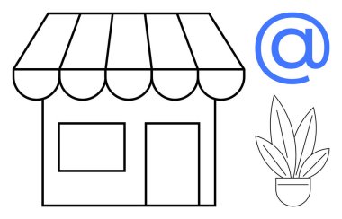 Çizgili tepe örtüsü, sembol ve saksı bitkisi olan küçük işletme vitrinleri. Çevrimiçi alışveriş, e-ticaret, yerel işletme, dijital pazarlama, küçük işletme büyümesi, perakende kavramları hibrid için ideal