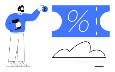 İşadamı büyük bir indirim biletinin yanında bir dolar tutuyor. Bulutlar ve soyut çizgiler. Finans, yatırım, indirimler, tasarruflar, pazarlama, bütçe planlaması için ideal