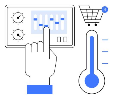 El ayarı kontrol paneli ayarları sürgüler ve kadranlarla, termometre mavi seviyeyle, alışveriş arabası simgesi bildirim göstergesi ile. Teknoloji için ideal, akıllı ev, alışveriş, bildiriler