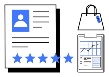 Beş yıldızlı müşteri inceleme dosyası, fiyat etiketli bir alışveriş çantası ve panoda bir performans çizelgesi. E-ticaret, müşteri geribildirimi, iş analizi, ürün değerlendirmeleri, piyasa