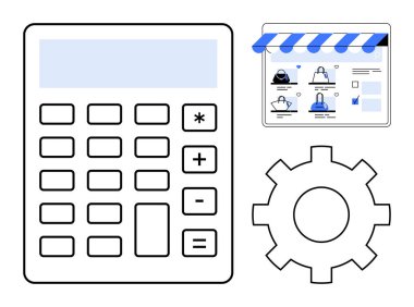 E-ticaret hesap makinesi, dişli ve online mağaza arayüzü, verimli çevrimiçi iş yönetimi tasvir ederek çıkış ile. Perakende, finans, optimizasyon, teknoloji, iş operasyonları satışları için ideal