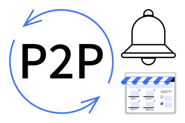 Büyük metinde P2P sembolü, kavşağı gösteren oklarla çevrili. Tebligat zili uyarıları belirtirken, alışveriş arayüzü çevrimiçi işlemleri temsil ediyor. E- ticaret için ideal, uyarılar