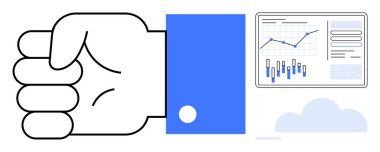 Mavi kollu bir el, veri analizi panelinin yanında büyüme grafiğini gösteriyor. İş analizi, teknoloji, proje yönetimi, veri görselleştirme, takım çalışması için ideal