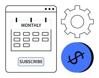 Takvim aylık olarak işaretli, abone düğmesi, dişli ve dolar işareti. Dijital pazarlama, SaaS, üretkenlik araçları, otomasyon servis planları, tekrarlanan ödemeler için ideal. Soyut satır düzlüğü