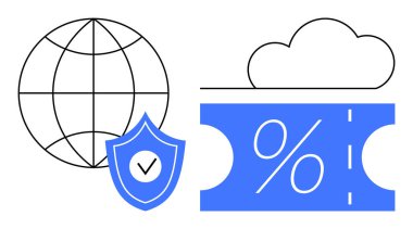 Kalkanlı bir dünya ve sol tarafta işaretli, bulutun hemen altında yüzdesi olan indirimli bilet. Siber güvenlik, küresel internet erişimi, çevrimiçi alışveriş, bulut depolama, veri koruması için ideal