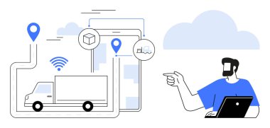 Kurye kamyonu GPS 'le aktif hale getirilmiş harita üzerinden gerçek zamanlı olarak dizüstü bilgisayarla takip edildi. Lojistik, dağıtım hizmetleri, ulaşım, tedarik zinciri yönetimi, filo yönetimi, teknoloji, verimlilik için ideal. Bir