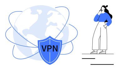 Çevrimiçi güvenliği andıran VPN kalkanının yanında duran bir kadın. Yörünge çizgileri olan küre küresel dijital ağı akla getiriyor. Siber güvenlik, gizlilik, internet güvenliği, teknoloji ve küresel için ideal