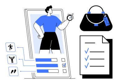 Akıllı telefondaki bir fitness uygulaması ile etkileşim halinde olan adam, egzersiz aktivitelerini gösteren simgeler, görevlerin tamamlandığını gösteren kontrol listesi, yaşam tarzını temsil eden el çantası. Fitness ve zaman yönetimi için ideal