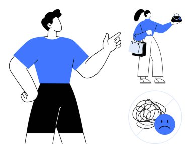 Adam kendinden emin bir şekilde işaret ediyor, kadın alışveriş poşetleri ve eşya tutuyor, karman çorman, üzgün suratlı. Güven, alışveriş keyfi, stres azaltma, minimalizm, denge, basitlik için ideal