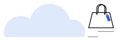 Fiyat etiketli bir alışveriş çantasının yanında bulut şekli, bulut teknolojisinin e-ticarete entegre olduğunu gösteriyor. Dijital pazarlama, e-ticaret, çevrimiçi alışveriş, bulut hizmetleri, perakende satış için ideal