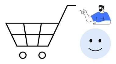 Tekerlekli büyük bir alışveriş arabası, gülümseyen yüz simgesi ve günlük kıyafetleri gösteren bir adam. E-ticaret, perakende, müşteri memnuniyeti, çevrimiçi alışveriş, tüketici davranışı, dijital