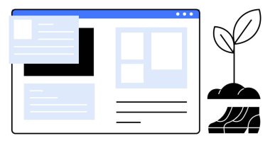 Metin kutuları, resimler ve büyüyen bir bitki sembolü olan bir web sitesi kablosu. Sürdürülebilir büyüme, yenilik, teknoloji, yeşil iş, kalkınma çevresel bakım verimliliği için idealdir. Resimler