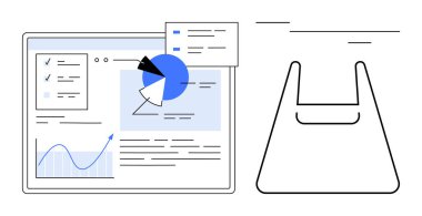 Turta grafiği, kontrol listesi, çizgi grafiği, üst üste binen pencereler, minimalist alışveriş çantası olan veri paneli. İş analizleri, piyasa araştırmaları, e-ticaret ve finansal raporlar için ideal görselleştirme