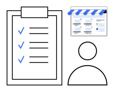 Kontrol işaretli bir pano kontrol listesi, bir insan figürü ve dijital mağaza arayüzü. İş, planlama, e-ticaret, yönetim, organizasyon verimliliği ve hedef belirleme için idealdir. Nitelikleri