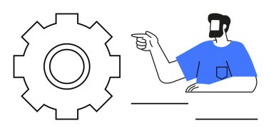 Büyük bir vites dişlisini işaret eden kişi, teknik rehberliği, yeniliği, takım çalışmasını, problem çözmeyi, mühendisliği, üretkenliği ve süreç geliştirmeyi vurguladı. Sunum kılavuzları için ideal