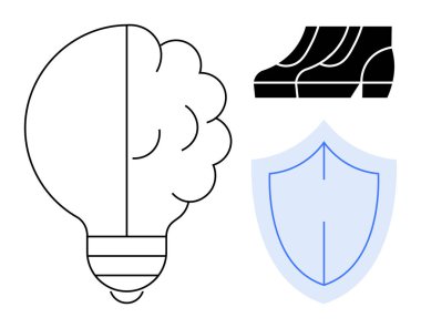 Ampulün patlaması beyni, yükselen parmaklıkları ve bir kalkanı ortaya çıkardı. Yaratıcılık, yenilik, akıl sağlığı, güvenlik, büyüme koruması ve fikirler için idealdir. Minimalist soyut çizgi düz metafor