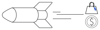 Fiyat etiketi ve döviz sembolü olan bir alışveriş çantasına doğru roket hızlanıyor. E-ticaret, hızlı dağıtım, mali büyüme, perakende başarı, ekonomik ivme, yenilik, piyasa