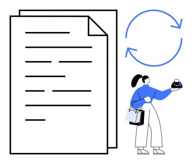 Elinde kahve ve dokümanlar ve dairesel oklar olan bir kadın. Ofis işi akışı, verimlilik, belge yönetimi, organizasyon, verimlilik, çoklu görev, günlük rutin