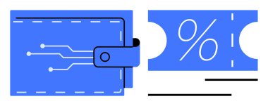 Devre dizaynlı dijital cüzdan ve yüzde sembollü indirim kuponu. Fintech, ecommerce, dijital ödemeler, çevrimiçi alışveriş, müşteri sadakat programları, teknolojik yenilikler için ideal