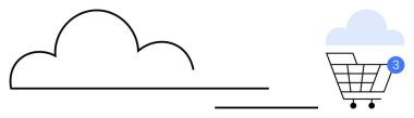 Bulut çizgisi bir alışveriş arabasına bağlı ve üç tebligat var. Çevrimiçi alışveriş, e-ticaret, dijital pazarlama, bulut hesaplama, tüketici davranışı, perakende yenilik ve teknoloji için ideal