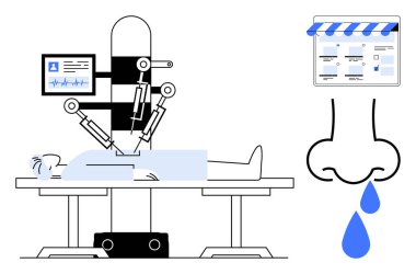 Hasta üzerinde ameliyat yapan robotik kollar, tıbbi verileri olan dijital ekran, büyük burun ve damlalar. Tıbbi yenilik için ideal, sağlık teknolojisi, hassas cerrahi, yapay zeka