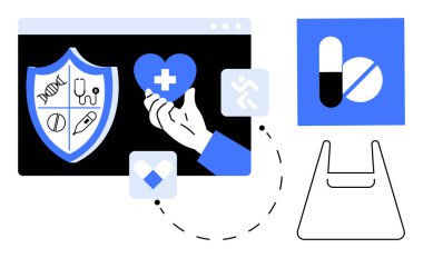 Tıbbi ikonları olan dijital kalkan, haçlı kalbi tutan mavi kapsüller, alışveriş çantasına bağlanan noktalı çizgiler. Teletıp, çevrimiçi sağlık hizmetleri, sağlık uygulamaları, tıbbi hizmetler için ideal