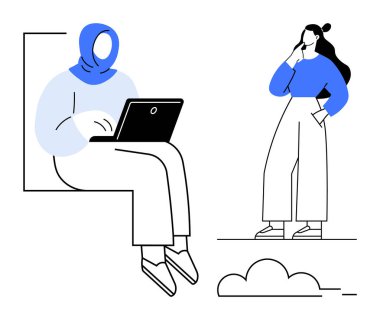 İki kadın, biri tesettürlü, dizüstü bilgisayarlı, diğeri düşünceli. Üretkenlik, teknoloji, çeşitlilik, takım çalışması, uzaktan düşünme bağlantıları için idealdir. Soyut satır düzlüğü