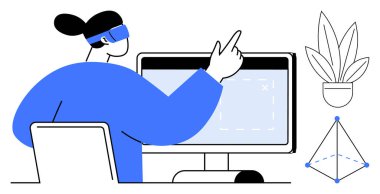 Bilgisayar ekranını işaret eden bir VR kulaklık takan bir birey, saksı ve geometrik şekilli bir bitkinin yanında. Teknoloji için ideal, sanal gerçeklik, dijital etkileşim, kullanıcı deneyimi, modern