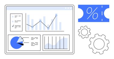 Çizgi grafiği, pasta grafiği ve indirimli indirim kuponu ikonlarıyla dijital gösterge paneli. Veri analizi, mali performans, pazarlama stratejileri, iş büyümesi, optimizasyon için ideal