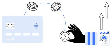 Mavi kart, kara para fırlatma, finansal uygulamalı akıllı telefon, yükselen oklar. Nakitsiz işlemler için ideal, çevrimiçi ödemeler, e-ticaret, modern bankacılık, finansal teknoloji dijital ekonomi