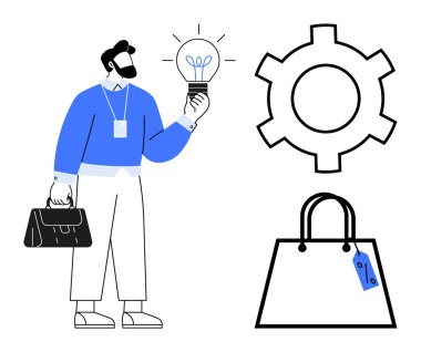 Sakallı bir iş adamı elinde ampul, elinde evrak çantası var. Büyük vites simgesi ve fiyat etiketli alışveriş çantası. Yenilik, girişimcilik, iş çözümleri, e-ticaret için ideal