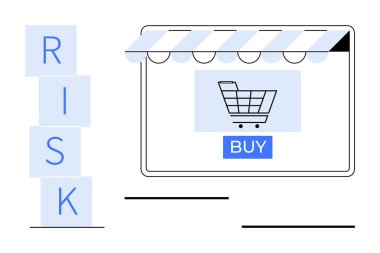 Ekranda alışveriş arabası, satın alma düğmesi ve üst rafta yığılmış blokların yazılışı RISK. E-ticaret, tüketici davranışı, çevrimiçi alışveriş, karar verme, yatırım riski, pazar analizi için ideal
