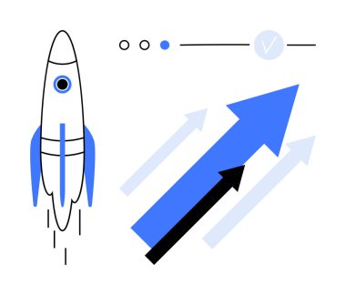 Havalanan roket egzoz izleri, yukarı bakan büyük mavi ve siyah oklar ve ilerleme göstergeleri ile kalkıyor. Girişimler, iş büyümesi, yenilik, ilerleme, bilim ve teknoloji için ideal