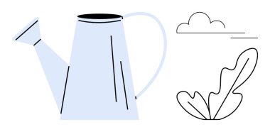 Sulama tenekesi bulutun altındaki yapraklı bir bitkinin yakınına su döker. Bahçıvanlık, büyüme, doğa, yetiştirme, sürdürülebilirlik, çevre bakımı, kişisel gelişim için idealdir. Soyut çizgi düz metafor