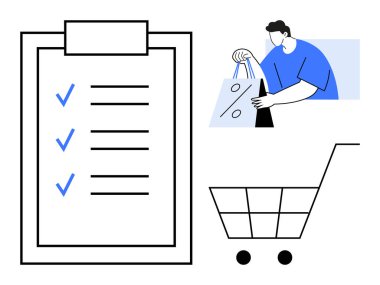 Alışveriş yapan kişi, alışveriş listesinin yanında çantalar taşıyor ve alışveriş arabasında organizasyon, verimlilik ve alışveriş planlaması vurgulanıyor. Çevrimiçi alışveriş, e-ticaret, perakende satış, yapılacaklar listesi, görev yönetimi için ideal